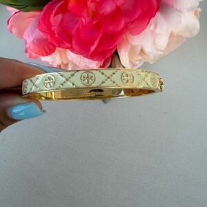 Tory Burch Cream Enamel & Gold Logo Quilted Bangle Bracelet